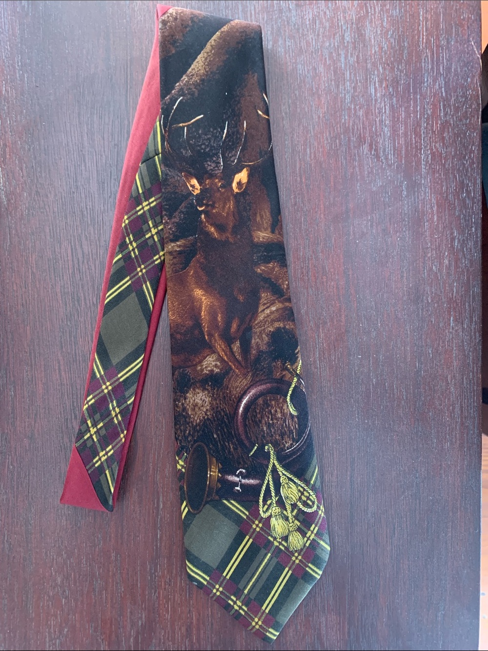 Polo by Ralph Lauren Classic Hunting Necktie in Burgundy/Green Silk Handmade